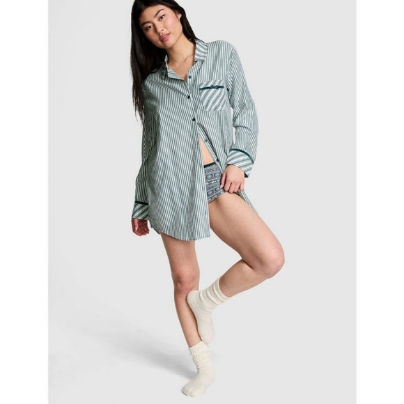 PINK Victoria's Secret Other - PINK Victoria's Secret Green Striped Flannel Velvet-Trim Sleepshirt XS 🆕